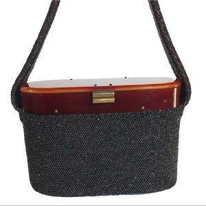 Vintage BAKELITE Box Handbag, Black Glass Seed Beads | Art Deco 1940s